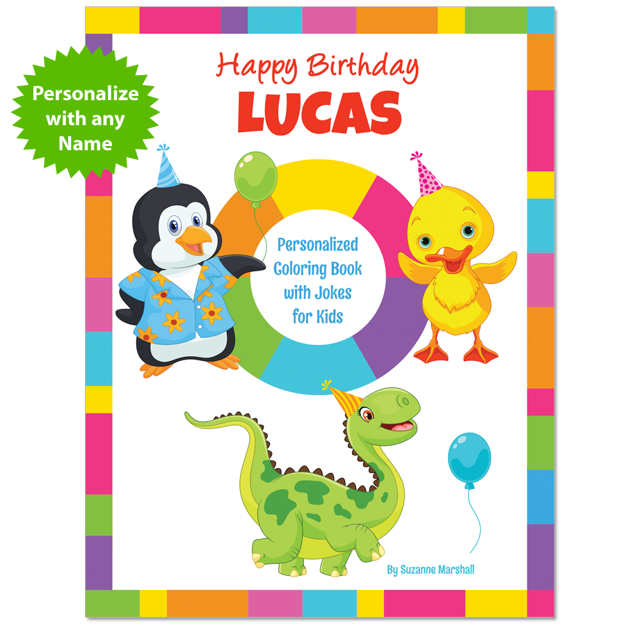 Personalized Book with birthday jokes for kids and birthday coloring pages